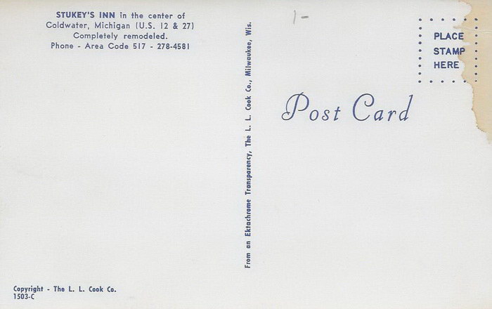 Stukeys Inn (Arlington Hotel) - Stukeys Postcard Back